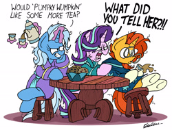 Size: 2284x1733 | Tagged: safe, artist:bobthedalek, starlight glimmer, sunburst, trixie, pony, unicorn, the parent map, angry, bathrobe, bed mane, clothes, cross-popping veins, cup, evil grin, female, food, grin, implied firelight, inconvenient trixie, magic, mare, morning ponies, muffin, ragelight glimmer, robe, simple background, smiling, table, tea, teacup, teapot, teasing, telekinesis, this will end in pain, trio, vein bulge, white background