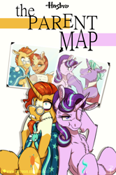 Size: 900x1356 | Tagged: safe, artist:inuhoshi-to-darkpen, firelight, starlight glimmer, stellar flare, sunburst, pony, unicorn, the parent map, cape, chest fluff, clothes, cover art, cross-popping veins, cutie mark, father and child, father and daughter, female, flower, glowing horn, magic, male, mare, mother and child, mother and son, movie poster, parent and child, parody, squishy cheeks, stressed, telekinesis, unshorn fetlocks