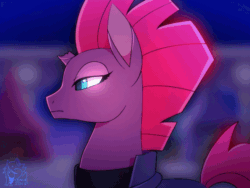 Size: 720x540 | Tagged: safe, artist:renciel, tempest shadow, pony, unicorn, my little pony: the movie, animated, armor, blushing, broken horn, cute, eye scar, female, looking at you, mare, reaction image, scar, smiling, solo, tempestbetes, tsundere, tsundere shadow, when she smiles