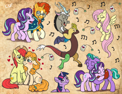 Size: 1024x787 | Tagged: safe, artist:cartoonsilverfox, bright mac, discord, firelight, fluttershy, pear butter, starlight glimmer, sunburst, twilight sparkle, twilight sparkle (alicorn), alicorn, draconequus, earth pony, pegasus, pony, unicorn, discordant harmony, the parent map, the perfect pear, brightbutter, female, ginseng teabags, hug, male, music notes, shipping, singing, sketch, sketch dump, straight