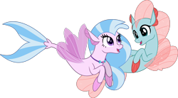 Size: 5679x3133 | Tagged: safe, artist:jhayarr23, ocellus, silverstream, changedling, changeling, sea pony, seapony (g4), non-compete clause, cute, diaocelles, diastreamies, disguise, disguised changeling, duo, female, fin wings, fins, jewelry, necklace, seaponified, seapony ocellus, seashell necklace, simple background, smiling, species swap, transparent background, vector