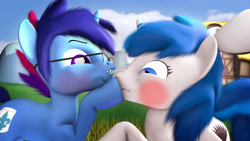 Size: 3840x2160 | Tagged: safe, artist:unie, oc, oc only, oc:feathertrap, oc:marquis majordome, pony, unicorn, :3, blushing, boop, bow, building, descriptive noise, glasses, grass, house, outdoors, scrunchy face