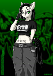 Size: 896x1280 | Tagged: safe, artist:ravenousdash, oc, oc:death metal, anthro, earth pony, abstract background, belly button, body writing, clothes, ear piercing, eyeliner, fingerless gloves, gloves, makeup, midriff, pantera, piercing, ranchtown, short sleeves, tattoo