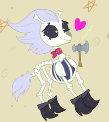 Size: 2816x3162 | Tagged: safe, artist:paskanaakka, skellinore, skeleton pony, the break up breakdown, axe, bandana, bone, boots, cute, dungeons and dragons, female, frown, heart, mare, ogres and oubliettes, shoes, skeleton, skellibetes, solo, stars, weapon, wide eyes