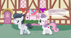 Size: 2476x1316 | Tagged: safe, artist:lunaticdawn, rumble, sweetie belle, pegasus, pony, unicorn, the break up breakdown, blushing, colt, female, filly, male, rumbelle, shipping, straight, text