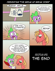 Size: 1024x1326 | Tagged: safe, artist:tech--pony, big macintosh, spike, sugar belle, dragon, pony, the break up breakdown, bell, big mac doesn't know how to write postal address properly, comic, eeyup, food, good end, illiteracy, implied sugar belle, package, pictogram, quill, quill pen, sugar (food), sugarcube