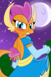 Size: 800x1214 | Tagged: safe, artist:emositecc, smolder, dragon, blushing, clothes, dragoness, dress, female, full moon, girly, gloves, hilarious in hindsight, long gloves, looking back, moon, night, princess smolder, puffy cheeks, smolder also dresses in style, stars, tomboy taming, upset, wavy mouth