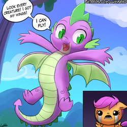 Size: 750x750 | Tagged: safe, artist:lumineko, scootaloo, spike, dragon, pegasus, pony, molt down, biblethump, crying, female, floppy ears, flying, male, scootaloo can't fly, speech bubble, the binding of isaac, tree, winged spike