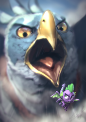 Size: 850x1200 | Tagged: safe, artist:assasinmonkey, spike, bird, dragon, roc, molt down, claws, epic, flying, male, open beak, scene interpretation, size difference, winged spike