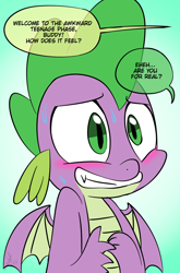 Size: 800x1214 | Tagged: safe, artist:emositecc, spike, dragon, molt down, blushing, dialogue, implied smolder, male, nervous, offscreen character, smiling, solo, speech bubble, sweat, winged spike