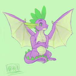 Size: 1024x1024 | Tagged: safe, artist:negativvekraken, spike, dragon, molt down, adult, adult spike, crossed arms, green background, male, older, older spike, simple background, sitting, spread wings, winged spike, wings