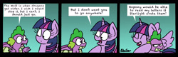 Size: 2450x781 | Tagged: safe, artist:bobthedalek, spike, twilight sparkle, twilight sparkle (alicorn), alicorn, dragon, pony, molt down, bait and switch, comic, female, hug, mare, priorities, simple background, skewed priorities, spike is not amused, teal background, unamused, winged spike, wings