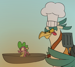 Size: 2145x1926 | Tagged: safe, artist:cowsrtasty, spike, bird, dragon, roc, molt down, :p, :t, chef's hat, duo, eyes on the prize, frown, frying pan, glare, gradient background, gritted teeth, hat, male, pan, smiling, smirk, spatula, stone scales, tongue out, wide eyes, wing hands