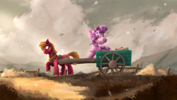 Size: 4000x2250 | Tagged: safe, artist:blackligerth, big macintosh, sugar belle, earth pony, pony, unicorn, the break up breakdown, cart, female, horse collar, lineless, looking back, male, mare, shipping, smiling, stallion, straight, sugarmac, underhoof, wagon