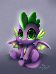 Size: 2550x3341 | Tagged: safe, artist:pridark, spike, dragon, molt down, baby, baby dragon, big eyes, cute, daaaaaaaaaaaw, eye reflection, fangs, gradient background, green eyes, hnnng, male, reflection, scales, signature, sitting, smiling, solo, spikabetes, winged spike, wings