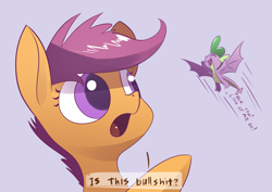 Size: 3508x2480 | Tagged: safe, artist:underpable, scootaloo, spike, dragon, pegasus, pony, molt down, disbelief, duo, envy, everyone but scootaloo can fly, female, filly, flying, fuck you, gray background, is this a pigeon, male, meme, purple background, scootaloo can't fly, simple background, upset, vulgar, winged spike