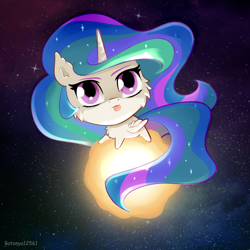 Size: 1500x1500 | Tagged: safe, artist:batonya12561, princess celestia, alicorn, pony, chibi, cute, cutelestia, female, solo, space, sun, tongue out