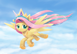 Size: 1407x1000 | Tagged: safe, artist:howxu, fluttershy, pegasus, pony, horse play, cloud, cosplay, costume, crown, cute, fake alicorn, fake horn, female, flying, hoof shoes, jewelry, mare, peytral, regalia, shyabetes, shylestia, sky, smiling