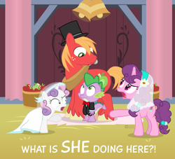 Size: 1100x1000 | Tagged: safe, artist:dm29, big macintosh, spike, sugar belle, sweetie belle, dragon, earth pony, pony, unicorn, the break up breakdown, awkward, barn, big macintosh gets all the mares, bowtie, clothes, female, filly, hat, implied shipping, implied straight, implied sugarmac, implied sweetiemac, male, mare, marriage, pun, pun in the tags, sequel, shipping, stallion, straight, top hat, tuxedo, veil, wedding, wedding belles, wedding bells, wedding veil