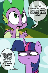 Size: 800x1214 | Tagged: safe, artist:emositecc, spike, twilight sparkle, dragon, pony, molt down, brutal honesty, cloud, comic, dialogue, faic, female, mare, savage, sky, speech bubble, winged spike