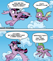 Size: 800x925 | Tagged: safe, artist:emositecc, artist:pony-berserker edits, edit, spike, twilight sparkle, twilight sparkle (alicorn), alicorn, dragon, pony, molt down, cloud, comic, female, flying, mare, misspelling, speech bubble, twilight and spike's wings meme, winged spike