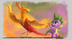 Size: 1920x1080 | Tagged: safe, artist:plainoasis, peewee, spike, dragon, phoenix, molt down, cute, duo, high five, peeweebetes, winged spike, wings