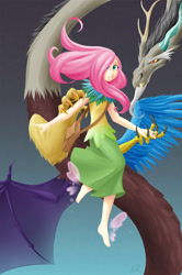 Size: 1139x1719 | Tagged: safe, artist:didj, discord, fluttershy, draconequus, human, artificial wings, augmented, bag, barefoot, butterfly wings, clothes, dress, feet, female, fluffy, flying, gradient background, gritted teeth, hair over one eye, holding hands, humanized, lidded eyes, long skirt, magic, magic wings, male, my little mages, purse, satchel, skirt, smiling, smirk, spread wings, wide eyes, wings