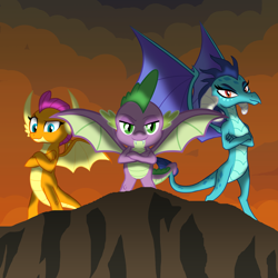 Size: 1500x1500 | Tagged: safe, alternate version, artist:crisostomo-ibarra, princess ember, smolder, spike, dragon, molt down, cliff, crossed arms, winged spike