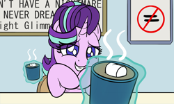 Size: 2000x1200 | Tagged: safe, artist:ashtoneer, starlight glimmer, pony, unicorn, marks for effort, chocolate, empathy cocoa, female, food, guidance counselor, hot chocolate, looking at you, magic, mare, smiling, solo, starlight's office, telekinesis, you can't have a nightmare if you never dream