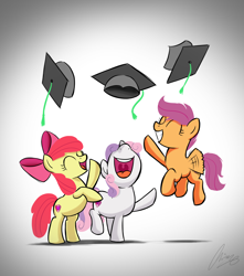 Size: 3720x4200 | Tagged: safe, artist:oinktweetstudios, apple bloom, scootaloo, sweetie belle, earth pony, pegasus, pony, unicorn, marks for effort, cutie mark crusaders, female, filly, graduation cap, happy, hat