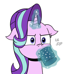 Size: 900x911 | Tagged: safe, artist:cartoon-eric, starlight glimmer, pony, unicorn, marks for effort, bust, cup, empathy cocoa, floppy ears, glowing horn, i mean i see, le, magic, simple background, sipping, solo, starlight is not amused, telekinesis, transparent background, unamused