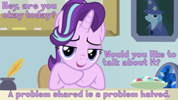 Size: 2667x1500 | Tagged: safe, artist:phucknuckl, edit, starlight glimmer, trixie, pony, unicorn, marks for effort, bedroom eyes, dialogue, female, geode, guidance counselor, looking at you, mare, office, open mouth, quill, school of friendship, solo, vector