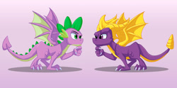 Size: 900x446 | Tagged: safe, artist:sonicpegasus, spike, dragon, molt down, crossover, duo, looking at each other, male, purple background, quadrupedal spike, simple background, spyro the dragon, winged spike