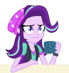 Size: 2449x2575 | Tagged: safe, artist:rodan00, starlight glimmer, equestria girls, marks for effort, beanie, cup, empathy cocoa, equestria girls interpretation, female, guidance counselor, hat, i mean i see, reaction image, scene interpretation, show accurate, simple background, solo, transparent background, vector