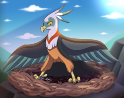 Size: 1273x1011 | Tagged: safe, artist:vavacung, rarity, zecora, bird, pony, roc, unicorn, zebra, molt down, bird nest, female, male, nest, spread wings, wings