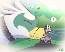 Size: 1273x1011 | Tagged: safe, artist:vavacung, zecora, bird, roc, zebra, molt down, collar, female, heart, male, mare, nuzzling, pet, pictogram, tree stump