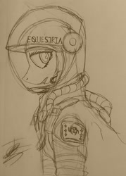 Size: 1456x2036 | Tagged: safe, artist:drawingwithapitoffriendship, astronaut, cosmonaut, female, flag, lost in space, solo, spacesuit, traditional art