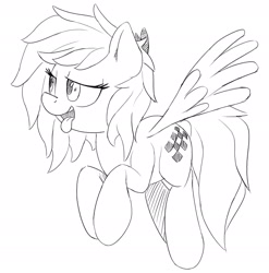 Size: 2140x2163 | Tagged: safe, artist:felsette, oc, oc only, oc:quick trip, pegasus, pony, female, flying, lidded eyes, monochrome, simple background, solo, tongue out, white background