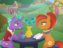 Size: 1024x768 | Tagged: safe, artist:lavenderrain24, firelight, stellar flare, pony, unicorn, the parent map, female, looking at each other, male, mare, shipping, smiling, stallion, stellarlight, straight, table