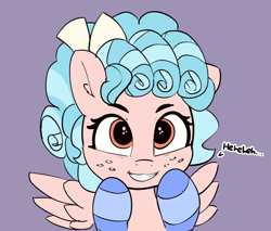 Size: 1162x991 | Tagged: safe, artist:pabbley, cozy glow, pegasus, pony, marks for effort, clothes, cozybetes, cute, dialogue, female, filly, foal, freckles, laughing, pure concentrated unfiltered evil of the utmost potency, pure unfiltered evil, simple background, smiling, socks, solo, striped socks