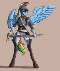 Size: 1018x1211 | Tagged: safe, artist:madhotaru, rainbow dash, anthro, unguligrade anthro, armor, boots, chestplate, clothes, female, gloves, pants, saber, shoes, simple background, solo, spread wings, tan background, uniform, weapon, wings