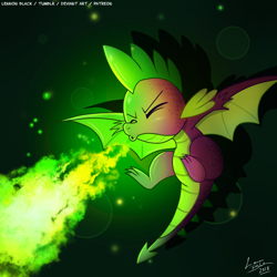 Size: 1200x1200 | Tagged: safe, artist:lennonblack, spike, dragon, molt down, eyes closed, fire, fire breath, green fire, male, solo, winged spike