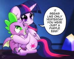 Size: 1444x1155 | Tagged: safe, artist:dsana, spike, twilight sparkle, twilight sparkle (alicorn), alicorn, dragon, pony, molt down, baby, baby dragon, blushing, crying, cute, cutie mark, daaaaaaaaaaaw, dialogue, dsana is trying to murder us, female, floppy ears, folded wings, green eyes, grin, hnnng, hug, male, mama twilight, mare, one eye closed, proud, reminiscing, signature, sitting, smiling, speech bubble, spikabetes, spikelove, spread wings, squishy cheeks, sweet dreams fuel, tears of joy, text, they grow up so fast, twiabetes, twilight's castle, weapons-grade cute, winged spike, wings, wink