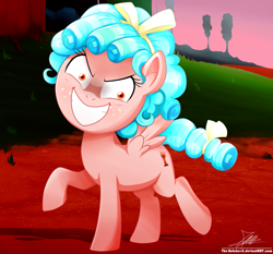 Size: 1871x1742 | Tagged: safe, artist:the-butch-x, cozy glow, pegasus, pony, marks for effort, cozy glow is best facemaker, cozy glow's true goal, crazy glow, evil grin, female, filly, foal, freckles, grin, hilarious in hindsight, op was right, raised hoof, signature, slasher smile, smiling, solo