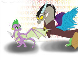 Size: 1024x791 | Tagged: safe, artist:fluffeh-shiba, discord, spike, draconequus, dragon, molt down, confused, duo, even discord confused of those, exclamation point, feather, looking back, male, question mark, simple background, watermark, white background, winged spike