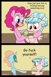 Size: 1060x1585 | Tagged: safe, artist:strebiskunk, cozy glow, ocellus, pinkie pie, changedling, changeling, earth pony, pegasus, pony, marks for effort, comic, cupcake, female, filly, foal, food, golly, ocellabuse, vulgar