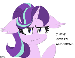 Size: 2437x1890 | Tagged: safe, artist:freefraq, starlight glimmer, unicorn, marks for effort, cheek fluff, ear fluff, female, floppy ears, i have several questions, i mean i see, jontron, mare, meme, plug and play consoles, raised hoof, reaction image, simple background, solo, white background