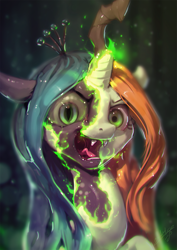 Size: 765x1080 | Tagged: safe, artist:assasinmonkey, crackle cosette, queen chrysalis, changeling, changeling queen, pony, the mean 6, crown, green eyes, jewelry, open mouth, regalia, signature, solo, transformation