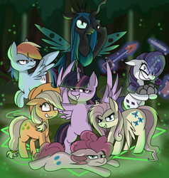 Size: 1624x1708 | Tagged: dead source, safe, artist:pencil bolt, mean applejack, mean fluttershy, mean pinkie pie, mean rainbow dash, mean rarity, mean twilight sparkle, queen chrysalis, alicorn, changeling, changeling queen, earth pony, pegasus, pony, unicorn, the mean 6, clone, clone six, everfree forest, evil grin, evil rainbow dash, female, glowing horn, greedity, grin, i'm surrounded by idiots, looking at you, magic, mare, mean six, rock, shovel, smiling, telekinesis, tree, unamused