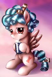 Size: 900x1306 | Tagged: safe, artist:nika191319, cozy glow, pegasus, pony, marks for effort, cozybetes, cute, cutie mark, drink, empathy cocoa, eyelashes, female, filly, foal, food, mane, mare, marshmallow, not evil, solo, wings